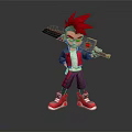 Cartoon Character With Red Spiky Hair Holding Weapon Wearing Stylish Outfit And Red Sneakers