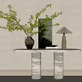 Marble Console Table With Green Branches In Vase Green Tone Painting And Minimalist Table Lamp