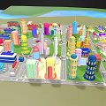 Cartoon City Landscape With Colorful Buildings Various Shaped Skyscrapers And Green Lawns