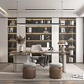Modern Study Room With Wall Bookshelves Desk Chair Stools And Natural Light Decor