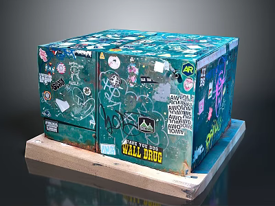Graffiti Covered Green Cube With Colorful Stickers On Wooden Base 3d model