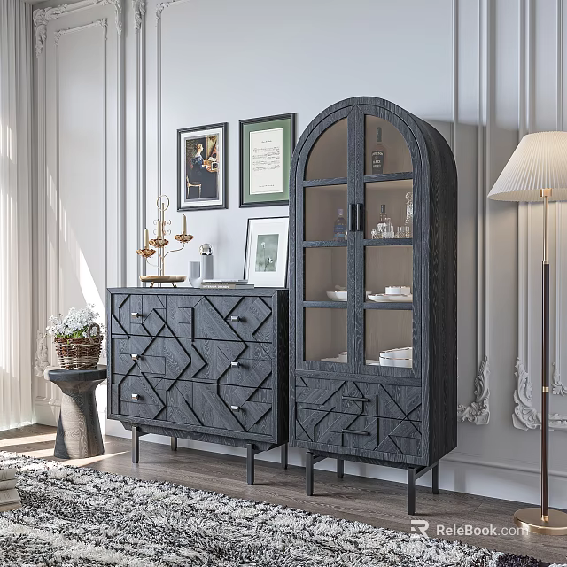 Elegant Dark Wood Sideboard With Geometric Drawers And Glass Door Cabinet In Living Room Interior 3d model 