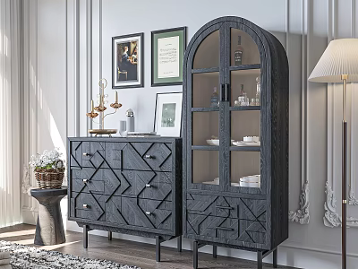 Elegant Dark Wood Sideboard With Geometric Drawers And Glass Door Cabinet In Living Room Interior 3d model