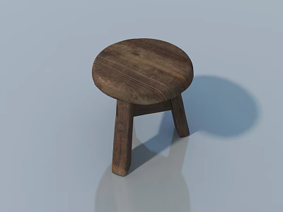 Rustic Wooden Stool With Round Seat Three Legs And Light Blue Background Reflection 3d model
