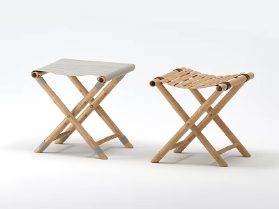 Two Folding Stools With Wooden Frame Gray Seat And Woven Seat Design 3d model