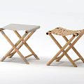 Two Folding Stools With Wooden Frame Gray Seat And Woven Seat Design