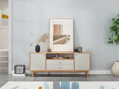 Modern TV Stand With Light Wood White Finish Storage Drawers And Mirror Decor 3d model