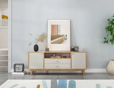 Modern TV Stand With Light Wood White Finish Storage Drawers And Mirror Decor 3d model