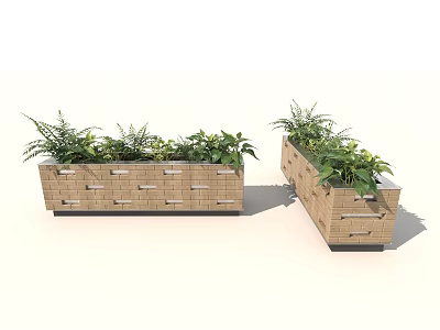 Stylish Brick Planters For Garden Decoration With Green Plants And Foliage 3d model