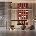 Modern Chinese Tea Room Interior With Wooden Decor Red Lattice Shelves And Round Pendant Light