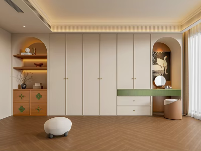 Elegant Modern Walk in Closet Interior With White Cabinets Dressing Table And Wooden Floor 3d model