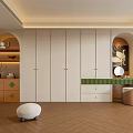 Elegant Modern Walk in Closet Interior With White Cabinets Dressing Table And Wooden Floor