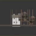 Small House Model with White Walls Gray Roof Supporting Poles on Green Grass Base