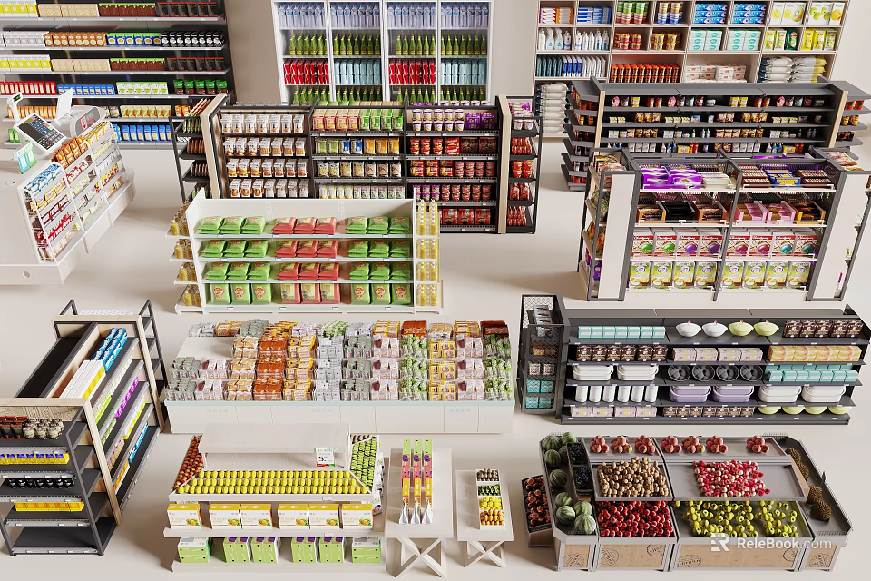 Organized Retail Display Shelves With Multi Tier Racks Holding Various Products In Supermarket 3d model 