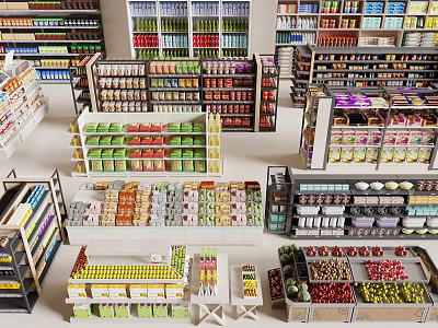 Organized Retail Display Shelves With Multi Tier Racks Holding Various Products In Supermarket 3d model