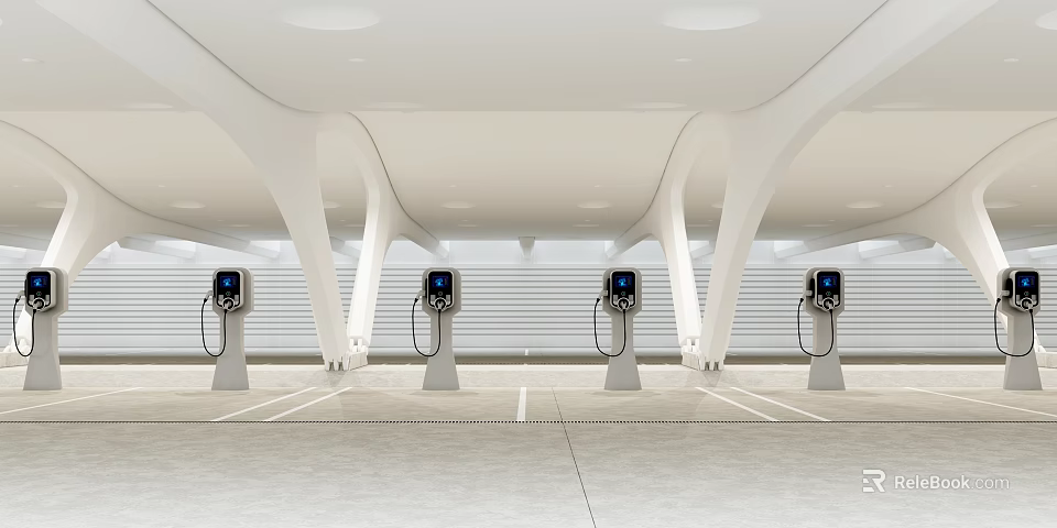 Modern Parking Lot With EV Charging Stations And White Architectural Columns 3d model 