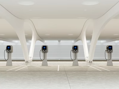 Modern Parking Lot With EV Charging Stations And White Architectural Columns 3d model