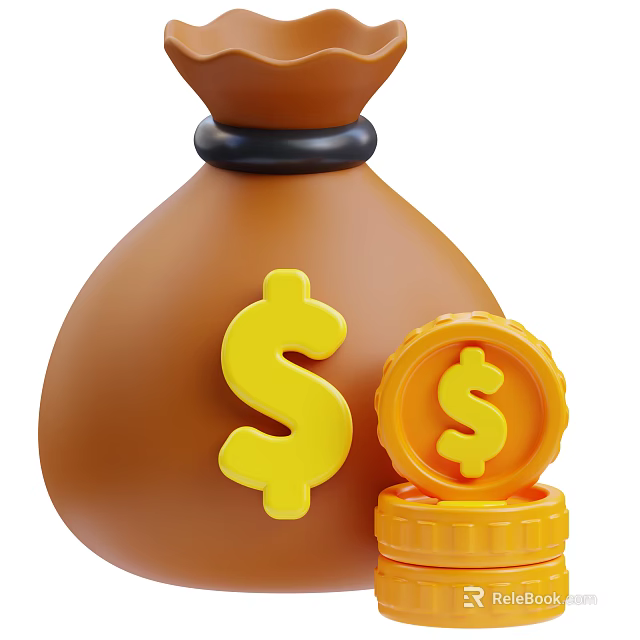 Practical Daily Life Supplies Brown Money Bag With Yellow Dollar Sign And Coins 3d model 