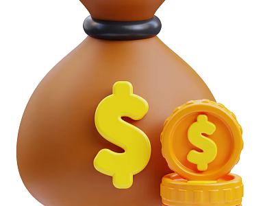 Practical Daily Life Supplies Brown Money Bag With Yellow Dollar Sign And Coins 3d model