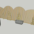 Garden Ornaments Featuring Wavy Bamboo Fence and Stone Containers Circular Rectangular Design 3d model