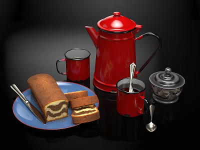 Delicious Marble Roll Cake Slices On Blue Plate With Red Coffee Pot And Mugs 3d model