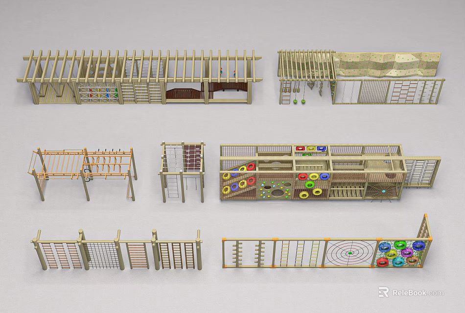 Children's Outdoor Playground Equipment With Climbing Structures And Colorful Safety Fences 3d model 