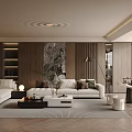 Modern Open Living Room With Wooden Wall Beige Sofa Rug Floor Lamp And Decorative Painting