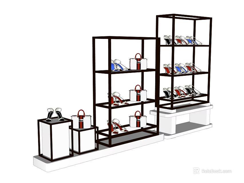 Modern Display Shelves with Black Frame White Base for Handbags and Shoes 3d model 