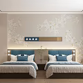 Modern Hotel Guest Room Featuring Light Wood Panel Wall White Floral Relief And Blue Headboard