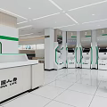 Neat Modern Administrative Service Hall Interior With Counter Waiting Area Sofas And Display Screen
