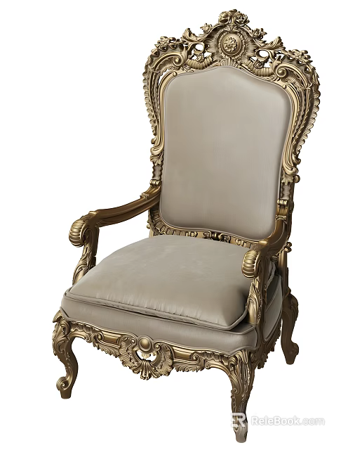 Elegant Classical Single Sofa With Gold Carved Frame And Light Gray Upholstery 3d model 