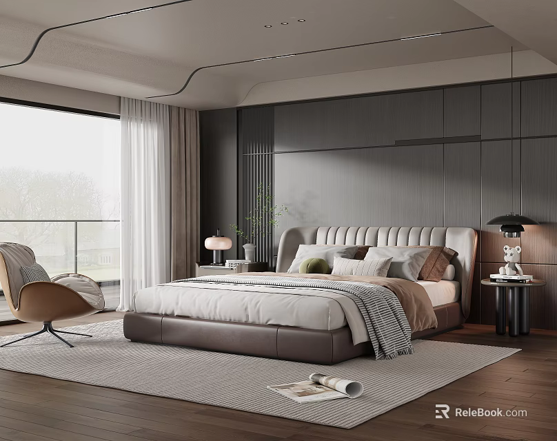 Modern Bedroom Interior With Upholstered Headboard Accent Chair And Area Rug 3d model 