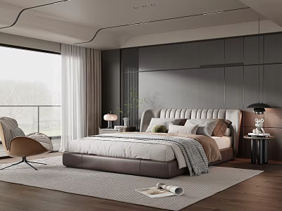 Modern Bedroom Interior With Upholstered Headboard Accent Chair And Area Rug 3d model