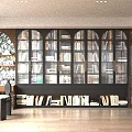 Stylish Retro Full Wall Bookshelf With Arched Glass Doors For Warm Modern Home Study Space