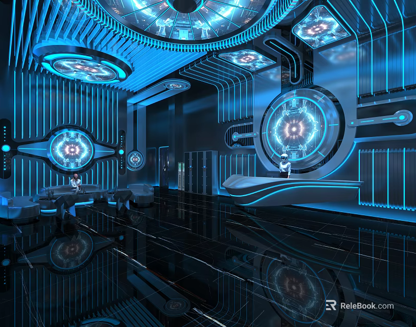 Futuristic KTV Interior Design With Blue Lighting And Circular Decor Elements 3d model