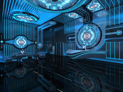 Futuristic KTV Interior Design With Blue Lighting And Circular Decor Elements 3d model
