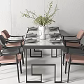 Modern Dining Table Set With Pink And Gray Chairs Vases Plants Tableware And Wine Glasses