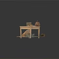 Rustic Wooden Table Display With Clay Pot Woven Baskets And Cloth