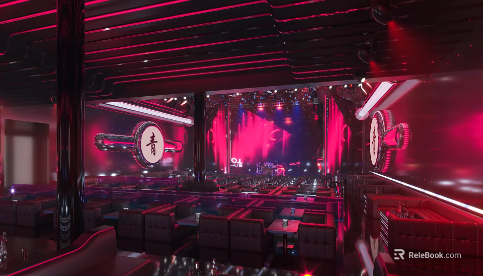 Modern Bar Interior With Red Neon Lights Stage Seating And Music Setup 3d model 