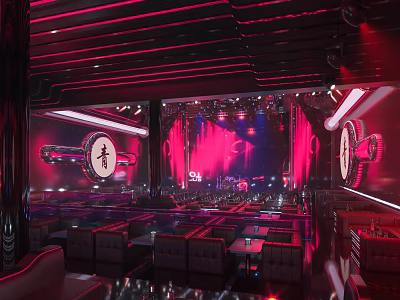 Modern Bar Interior With Red Neon Lights Stage Seating And Music Setup 3d model