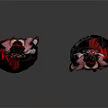 Character And Creature Costume Design Front Back Views With Red Black Details And Heart Accents