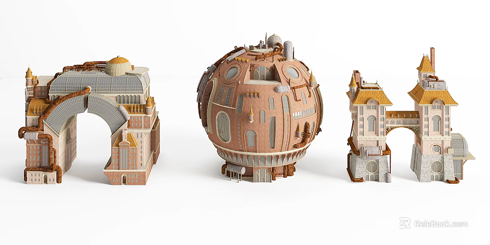 European Architecture Models with Spherical Central Structure and Various Detailed Design Elements 3d model