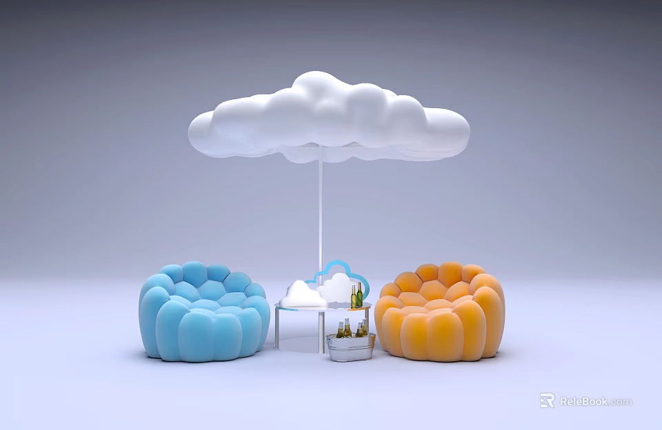Leisure Sofa Set Blue And Orange Pumpkin Shaped With Cloud Shaped Umbrella Small Table And Potted Plant 3d model 