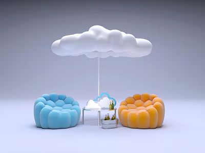 Leisure Sofa Set Blue And Orange Pumpkin Shaped With Cloud Shaped Umbrella Small Table And Potted Plant 3d model
