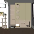 Modern Cat Tree With Wooden Cabinets Round Holes Litter Box Window Blinds And Wall Art