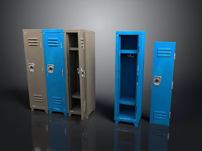 Blue And Gray Metal Lockers With Open And Closed Doors 3d model