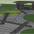 Elegant Residential Landscape with Curved Stone Pathway Neatly Trimmed Hedges and Covered Patio Area