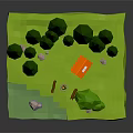 Cartoon Forest Scene With Green Pine Trees Orange Leaf Tree Small River Campfire And Stones