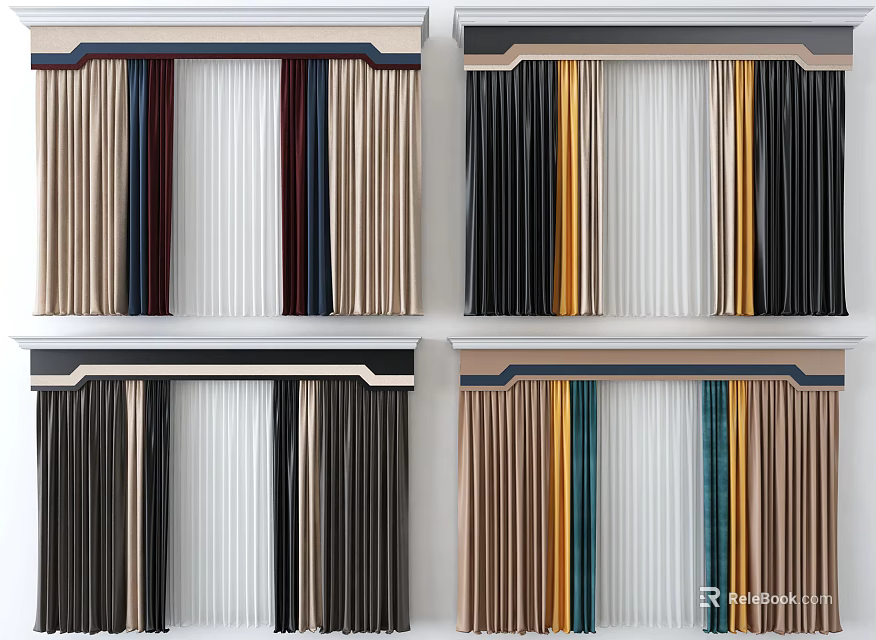 Modern Curtain Panels with Colorful Vertical Stripes and Valance Design 3d model 