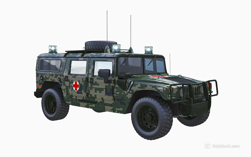 Camouflage Off Road Functional Vehicle With Red Cross Symbol Roof Spare Tire And Antennas 3d model 